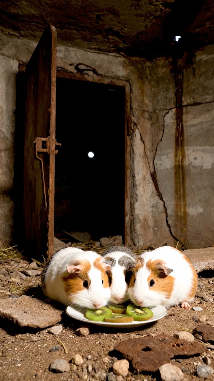1714. Highly detailed view of 4 smooth-haired Silkie guinea pigs with white, orange, and gray fur, nibbling on kiwi fruit, in a derelict underground bunker with concrete and rusted doors.