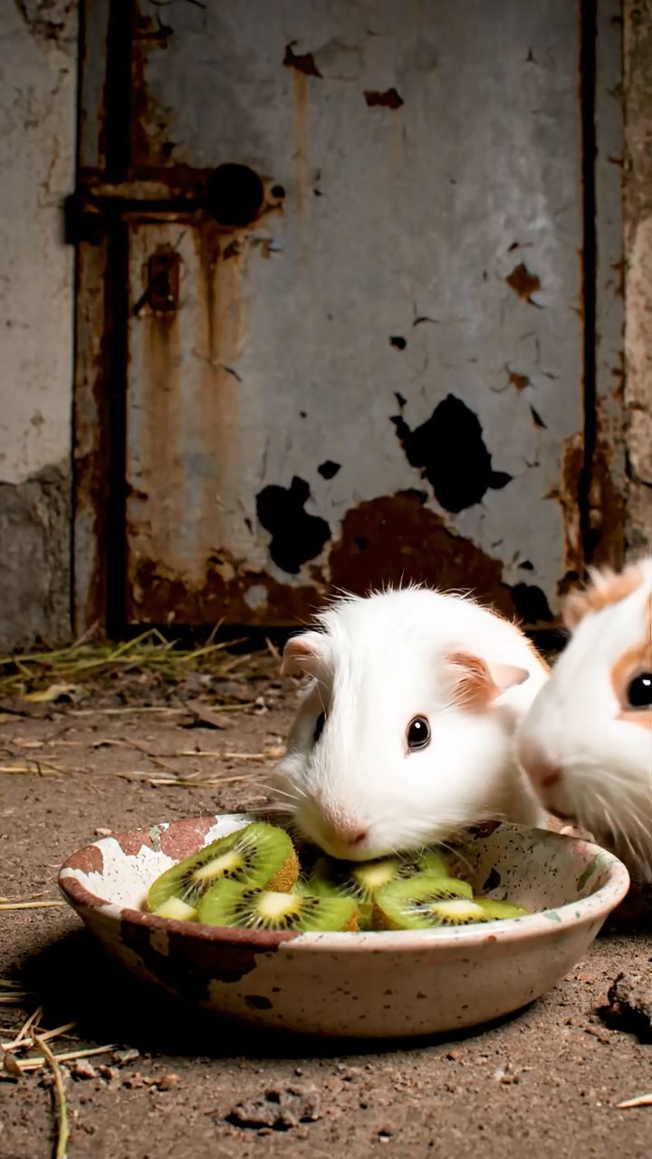 1714. Highly detailed view of 4 smooth-haired Silkie guinea pigs with white, orange, and gray fur, nibbling on kiwi fruit, in a derelict underground bunker with concrete and rusted doors.
