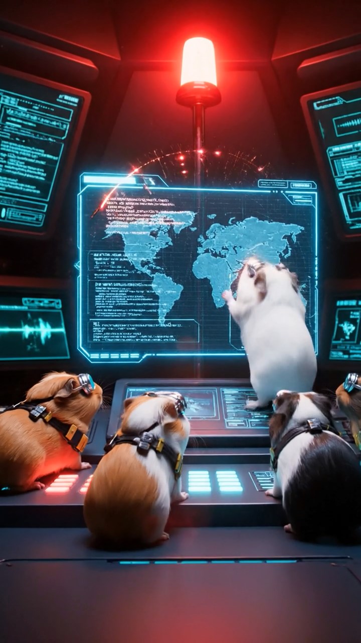 1715. Photorealistic image of 2 smooth-haired Teddy guinea pigs in black and brown colors, enjoying grape halves, by a tranquil rice paddy edge with water buffaloes and green terraces.