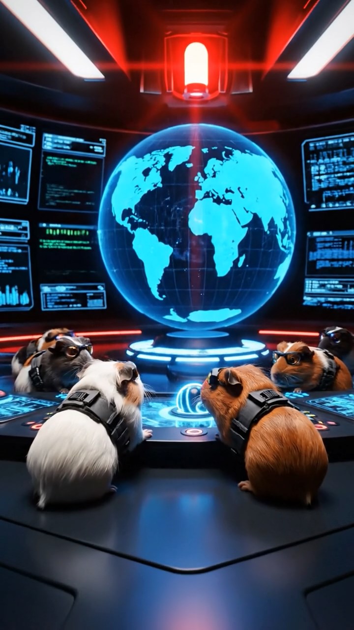 1715. Photorealistic image of 2 smooth-haired Teddy guinea pigs in black and brown colors, enjoying grape halves, by a tranquil rice paddy edge with water buffaloes and green terraces.