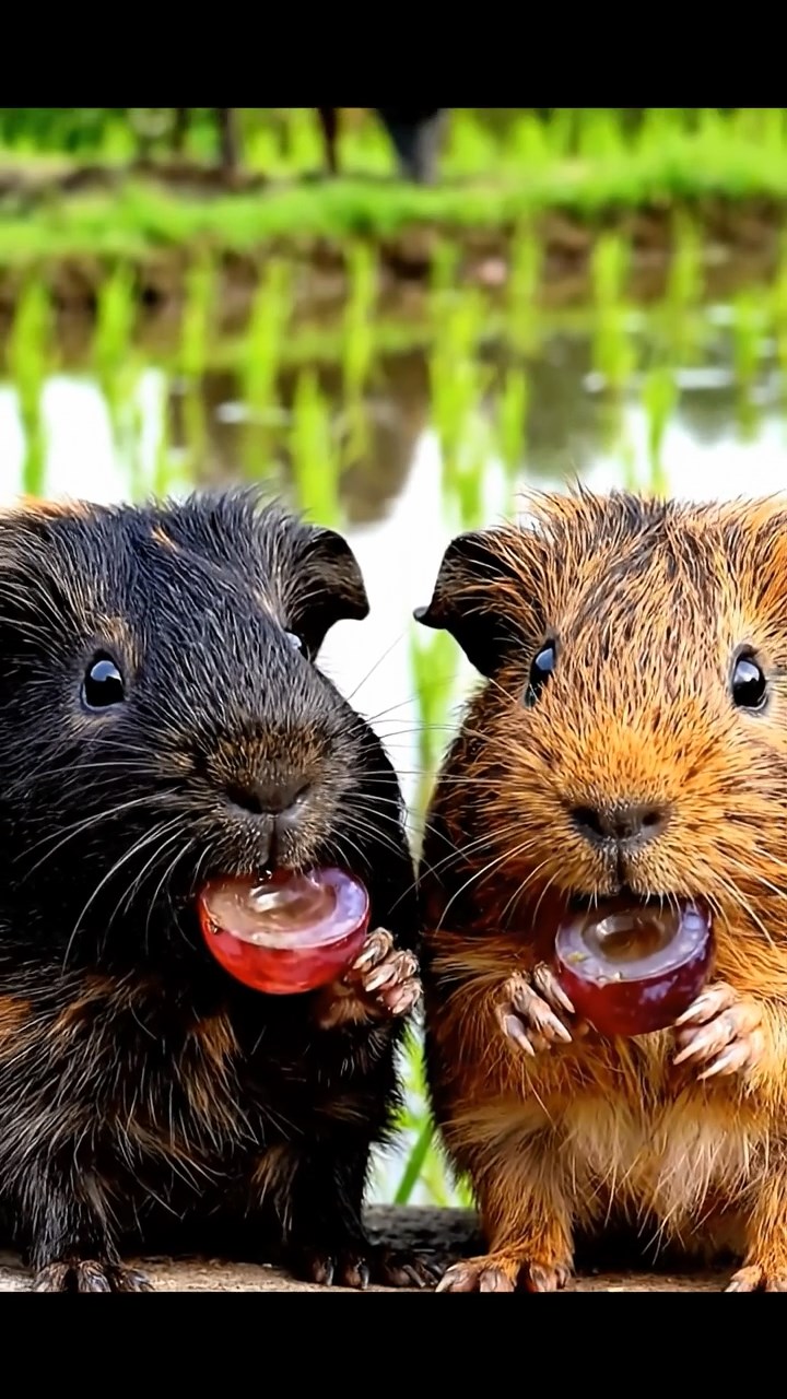 1715. Photorealistic image of 2 smooth-haired Teddy guinea pigs in black and brown colors, enjoying grape halves, by a tranquil rice paddy edge with water buffaloes and green terraces.