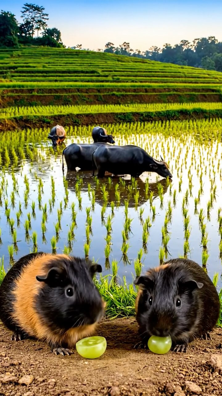 1715. Photorealistic image of 2 smooth-haired Teddy guinea pigs in black and brown colors, enjoying grape halves, by a tranquil rice paddy edge with water buffaloes and green terraces.