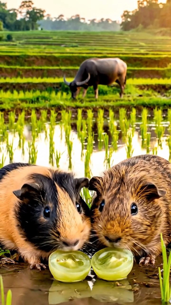 1715. Photorealistic image of 2 smooth-haired Teddy guinea pigs in black and brown colors, enjoying grape halves, by a tranquil rice paddy edge with water buffaloes and green terraces.