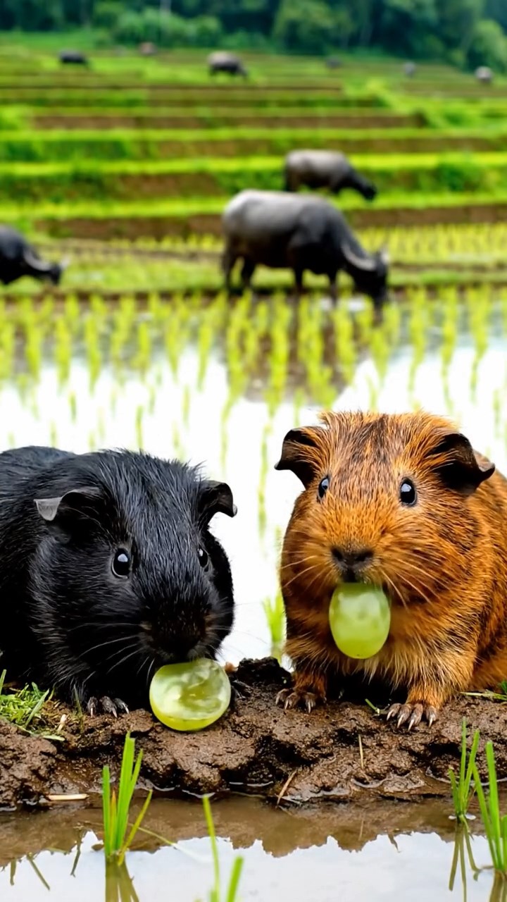 1715. Photorealistic image of 2 smooth-haired Teddy guinea pigs in black and brown colors, enjoying grape halves, by a tranquil rice paddy edge with water buffaloes and green terraces.