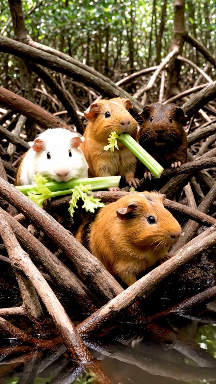 1716. Realistic depiction of 3 smooth-haired Texel guinea pigs with cream, fawn, and chocolate fur, chewing on celery stalks, in a thick mangrove root tangle with brackish water channels.