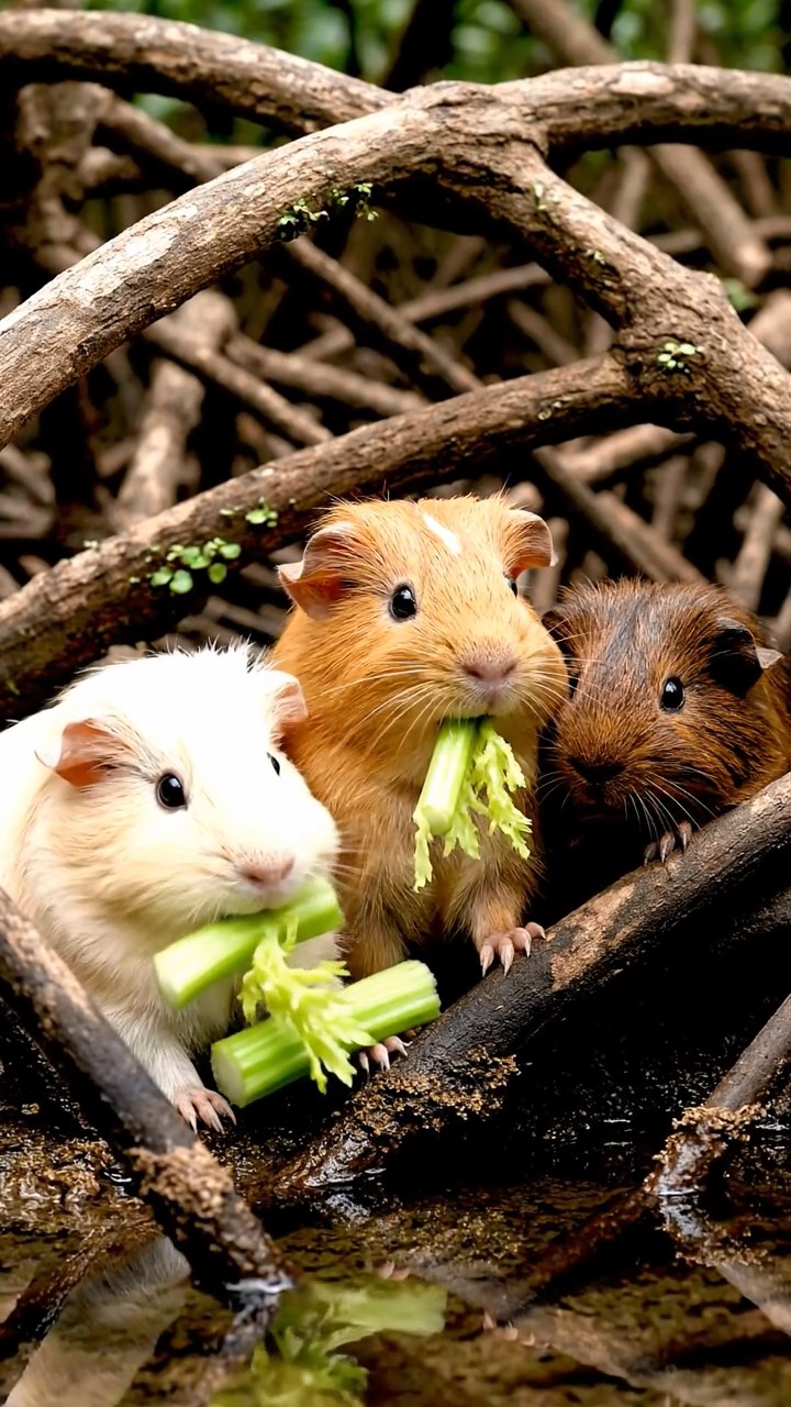 1716. Realistic depiction of 3 smooth-haired Texel guinea pigs with cream, fawn, and chocolate fur, chewing on celery stalks, in a thick mangrove root tangle with brackish water channels.
