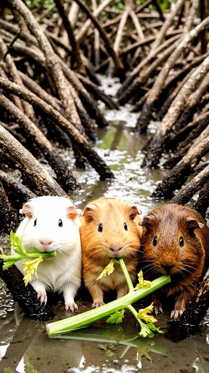 1716. Realistic depiction of 3 smooth-haired Texel guinea pigs with cream, fawn, and chocolate fur, chewing on celery stalks, in a thick mangrove root tangle with brackish water channels.