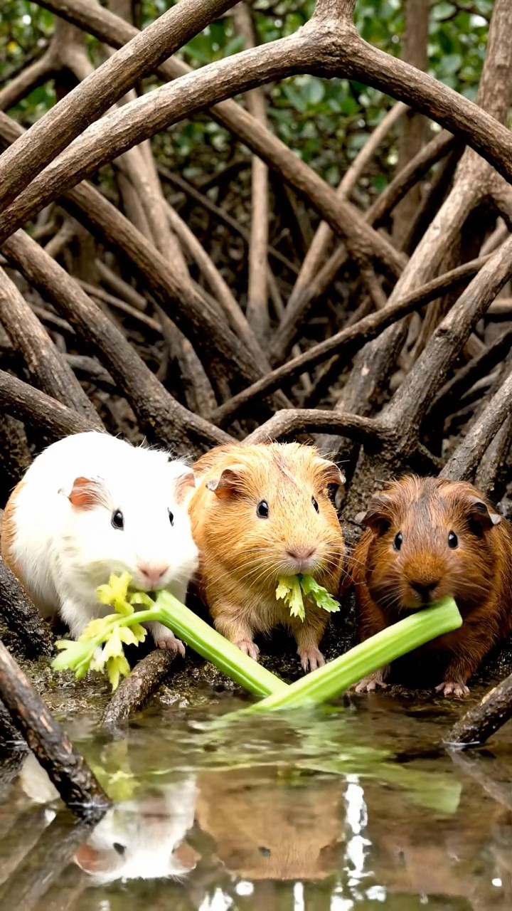 1716. Realistic depiction of 3 smooth-haired Texel guinea pigs with cream, fawn, and chocolate fur, chewing on celery stalks, in a thick mangrove root tangle with brackish water channels.