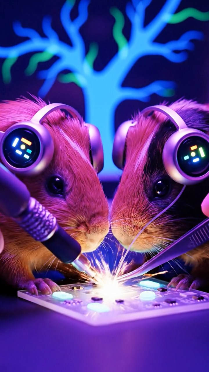 1717. Detailed scene of 1 smooth-haired Rex guinea pig with cinnamon fur, munching on timothy hay, at a neighborhood block party table with grills and balloons.