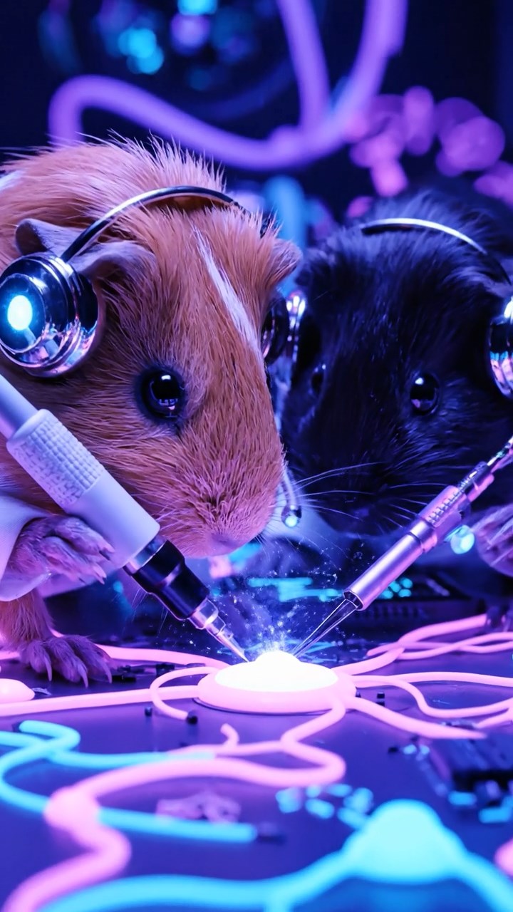 1717. Detailed scene of 1 smooth-haired Rex guinea pig with cinnamon fur, munching on timothy hay, at a neighborhood block party table with grills and balloons.