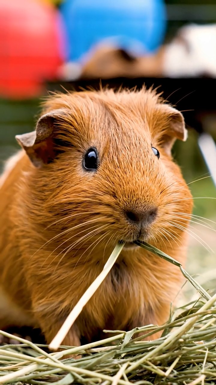 1717. Detailed scene of 1 smooth-haired Rex guinea pig with cinnamon fur, munching on timothy hay, at a neighborhood block party table with grills and balloons.