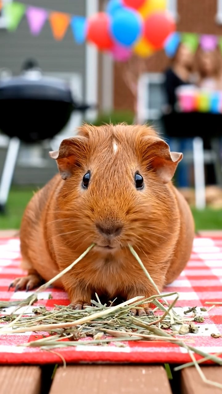 1717. Detailed scene of 1 smooth-haired Rex guinea pig with cinnamon fur, munching on timothy hay, at a neighborhood block party table with grills and balloons.
