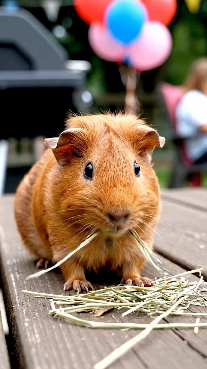 1717. Detailed scene of 1 smooth-haired Rex guinea pig with cinnamon fur, munching on timothy hay, at a neighborhood block party table with grills and balloons.