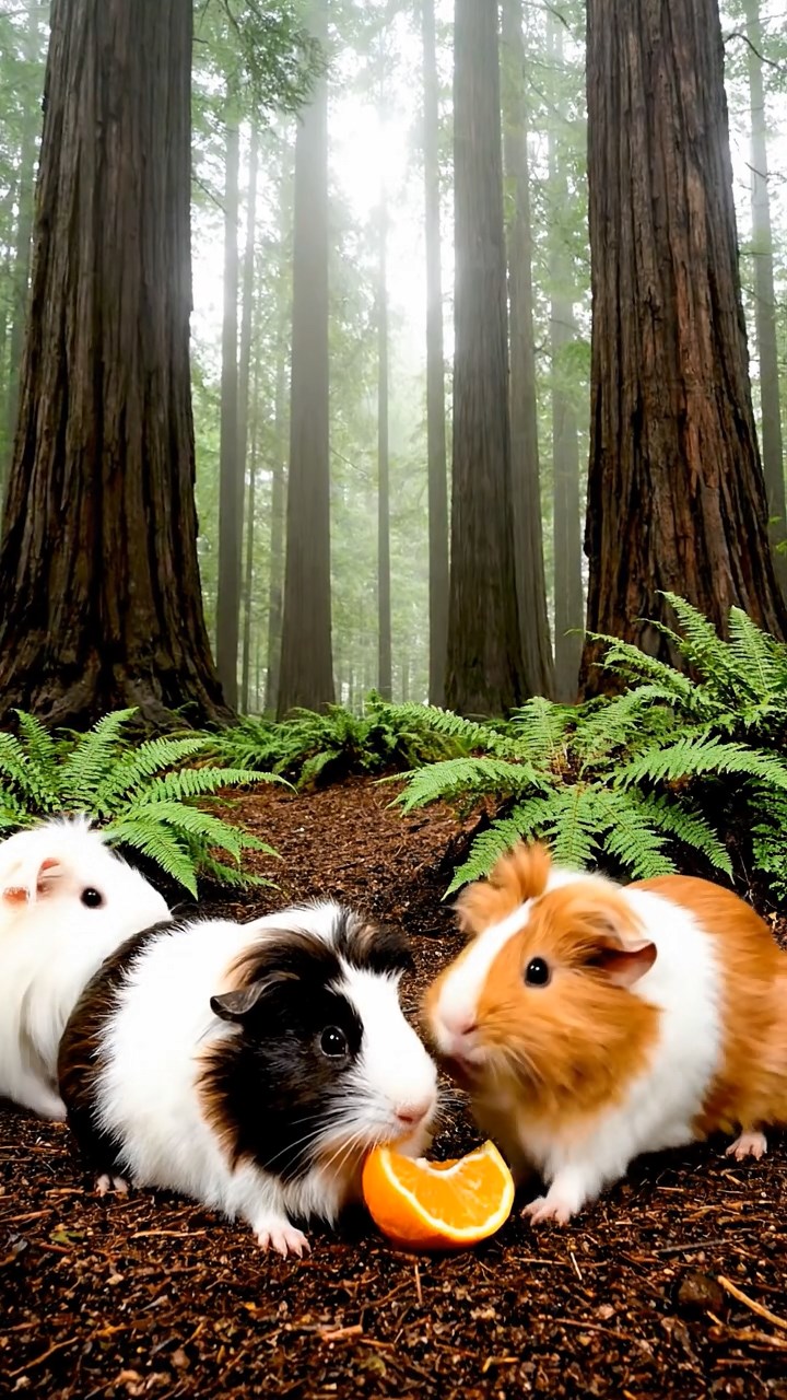 1718. Photorealistic photo of 5 smooth-haired Coronet guinea pigs featuring sable, white, and orange coats, sharing orange segments, in a dense foggy redwood understory with massive trunks.