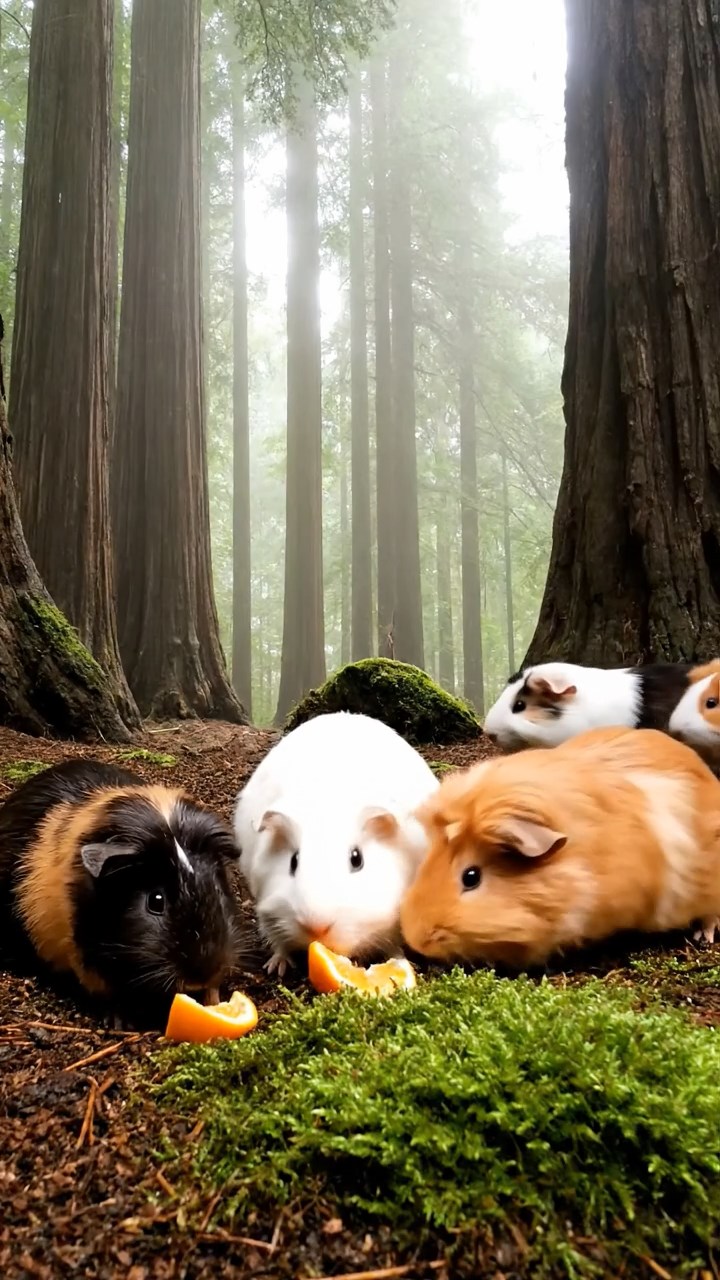 1718. Photorealistic photo of 5 smooth-haired Coronet guinea pigs featuring sable, white, and orange coats, sharing orange segments, in a dense foggy redwood understory with massive trunks.