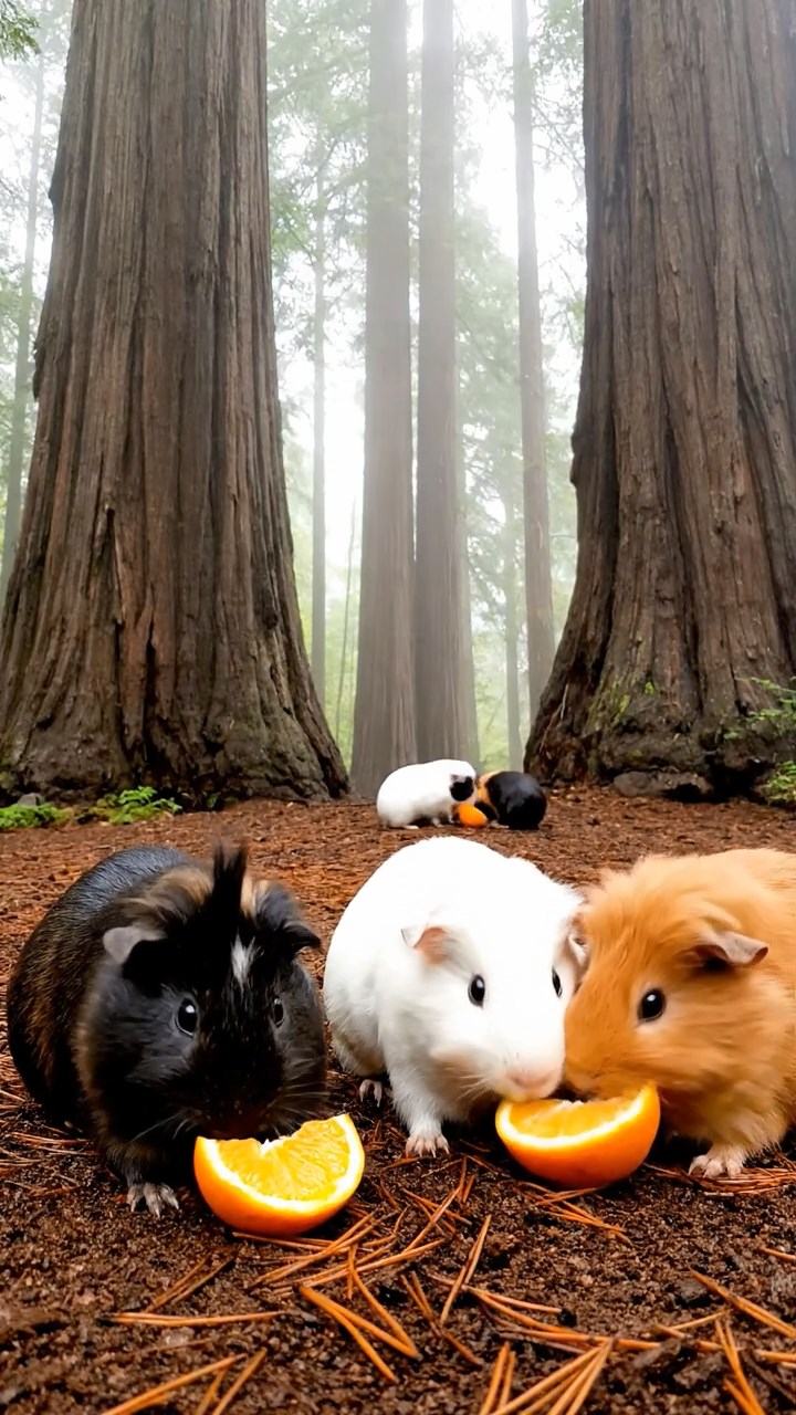 1718. Photorealistic photo of 5 smooth-haired Coronet guinea pigs featuring sable, white, and orange coats, sharing orange segments, in a dense foggy redwood understory with massive trunks.