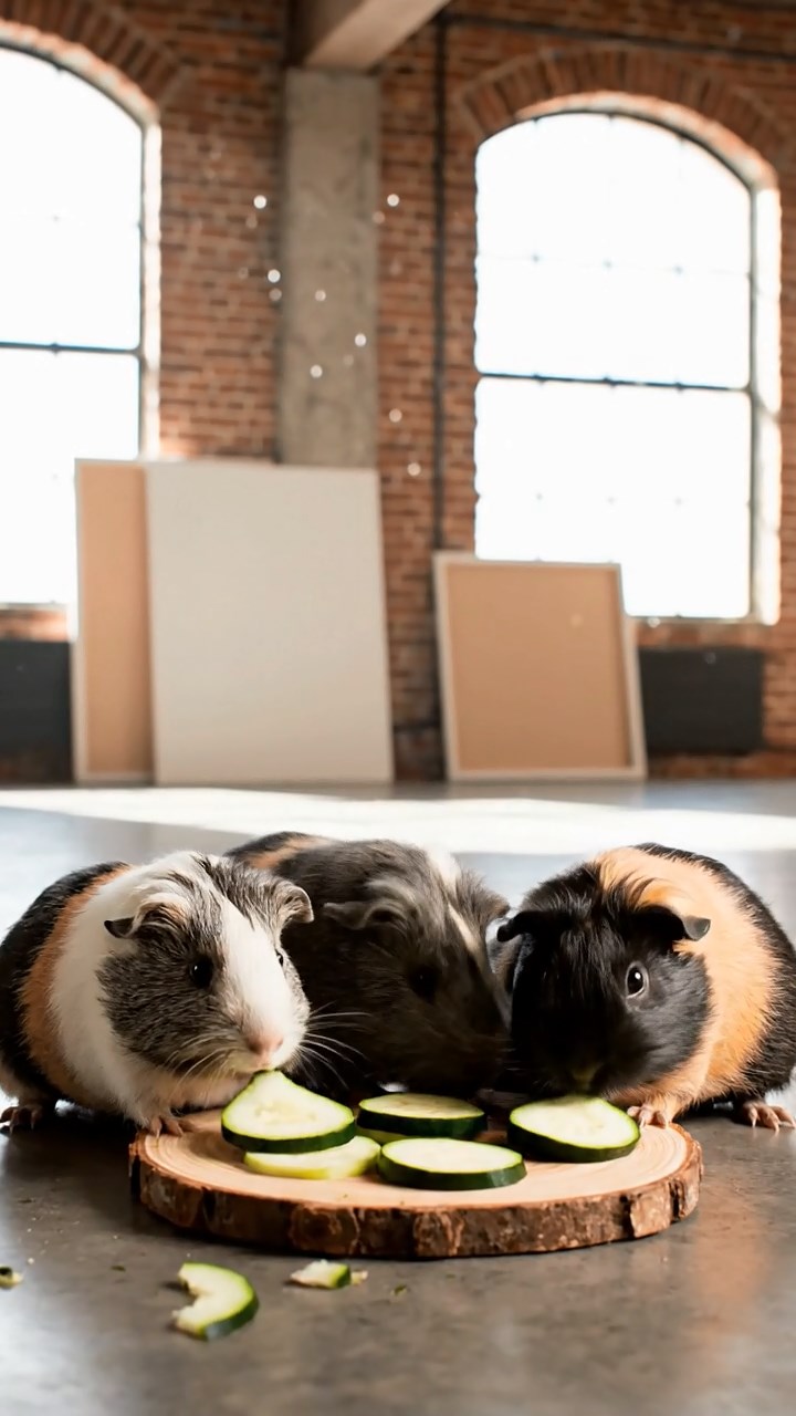 1719. Realistic image of 4 smooth-haired White Crested guinea pigs with gray, black, and brown fur, eating zucchini slices, inside a minimalist loft art studio with canvases.