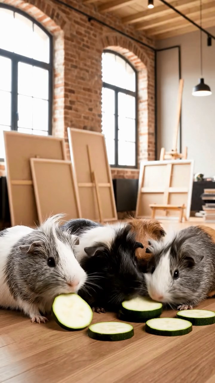 1719. Realistic image of 4 smooth-haired White Crested guinea pigs with gray, black, and brown fur, eating zucchini slices, inside a minimalist loft art studio with canvases.