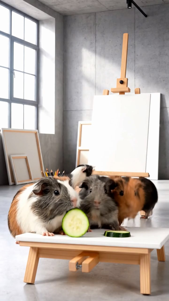 1719. Realistic image of 4 smooth-haired White Crested guinea pigs with gray, black, and brown fur, eating zucchini slices, inside a minimalist loft art studio with canvases.