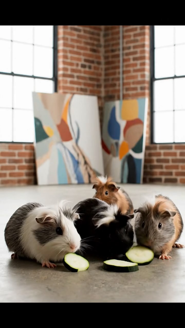 1719. Realistic image of 4 smooth-haired White Crested guinea pigs with gray, black, and brown fur, eating zucchini slices, inside a minimalist loft art studio with canvases.
