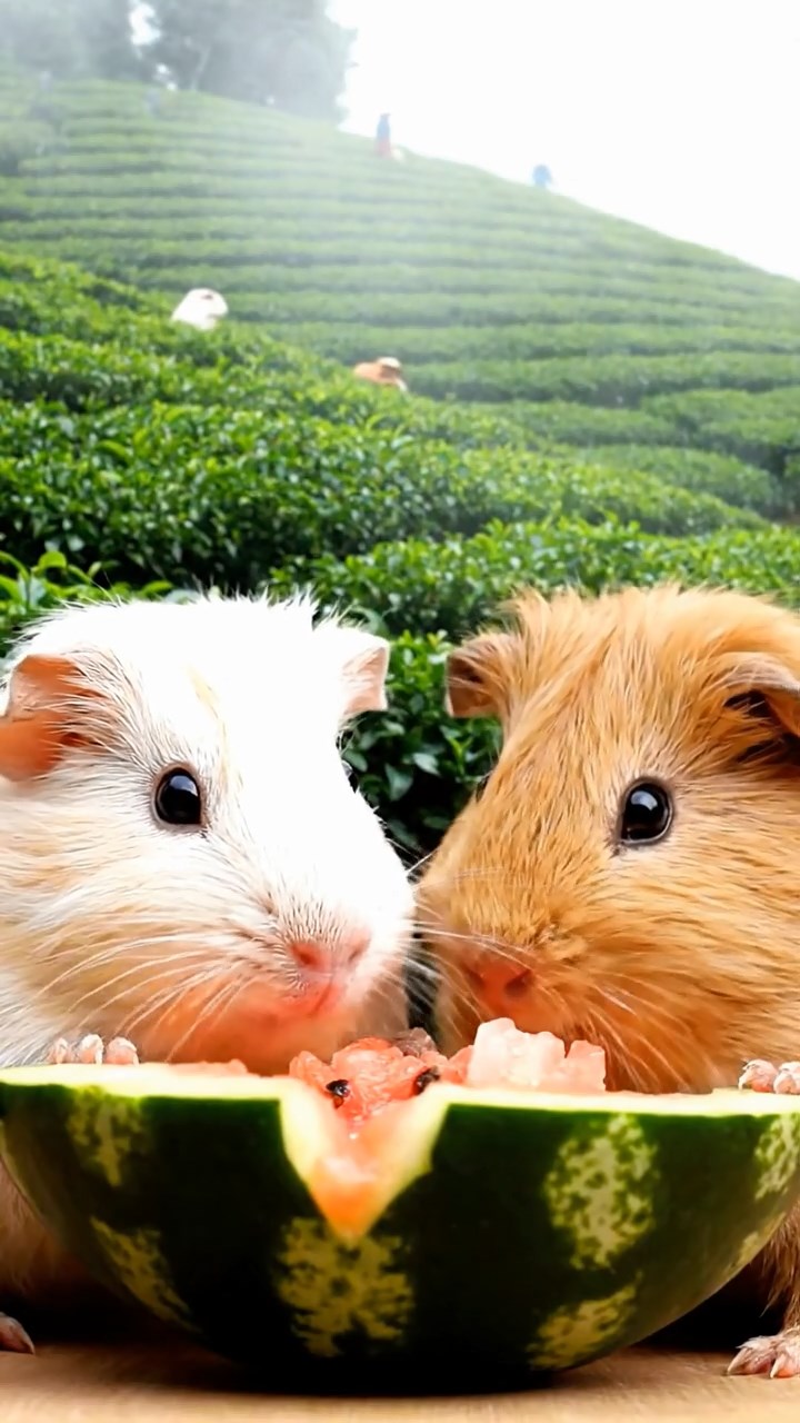 1720. Highly detailed view of 2 smooth-haired Skinny guinea pigs in cream and fawn colors, nibbling on watermelon rind, on a sloping tea plantation hill with pickers and mist.