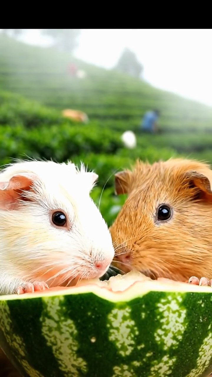 1720. Highly detailed view of 2 smooth-haired Skinny guinea pigs in cream and fawn colors, nibbling on watermelon rind, on a sloping tea plantation hill with pickers and mist.
