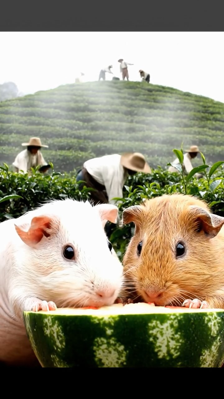 1720. Highly detailed view of 2 smooth-haired Skinny guinea pigs in cream and fawn colors, nibbling on watermelon rind, on a sloping tea plantation hill with pickers and mist.