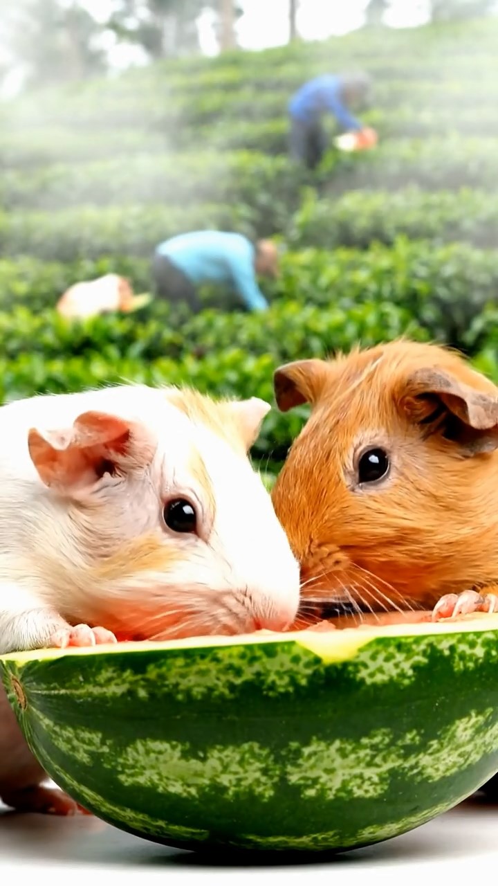 1720. Highly detailed view of 2 smooth-haired Skinny guinea pigs in cream and fawn colors, nibbling on watermelon rind, on a sloping tea plantation hill with pickers and mist.