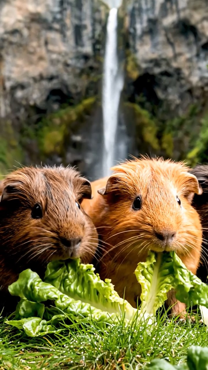 1721. Photorealistic scene of 3 smooth-haired American guinea pigs with chocolate, cinnamon, and sable fur, chewing on romaine lettuce, in a narrow fjord gorge with sheer cliffs and waterfalls.