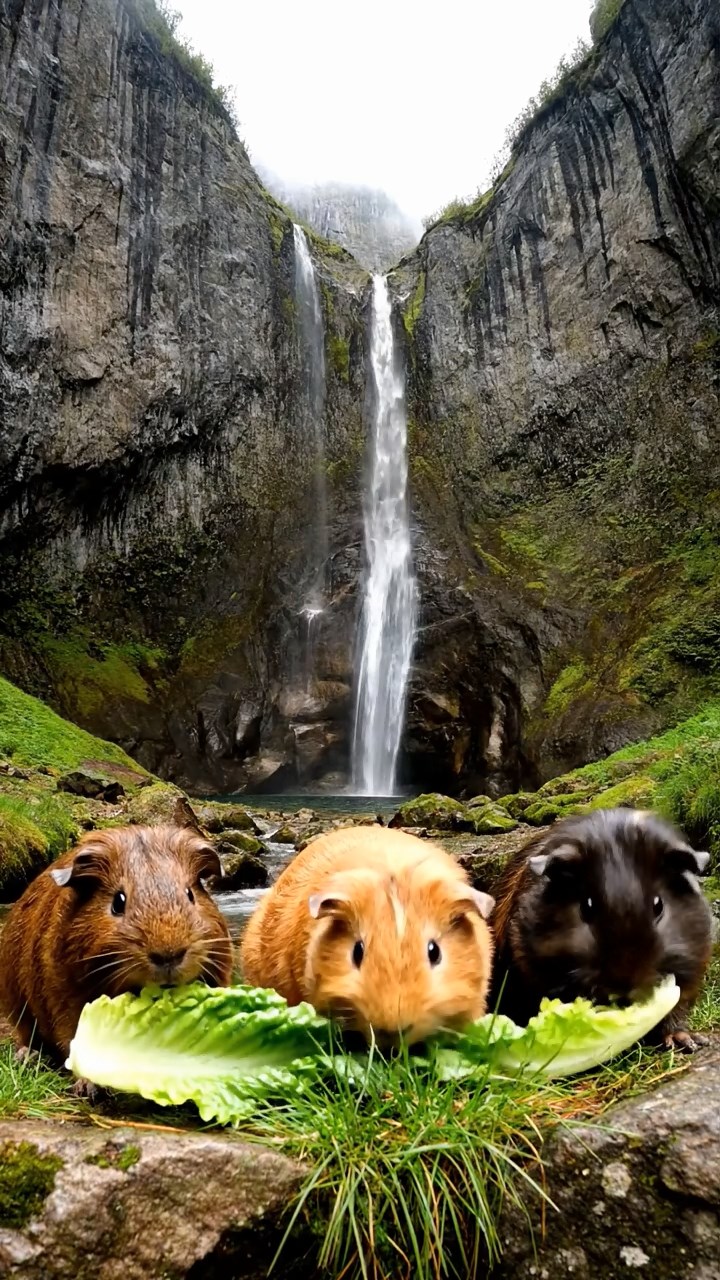 1721. Photorealistic scene of 3 smooth-haired American guinea pigs with chocolate, cinnamon, and sable fur, chewing on romaine lettuce, in a narrow fjord gorge with sheer cliffs and waterfalls.