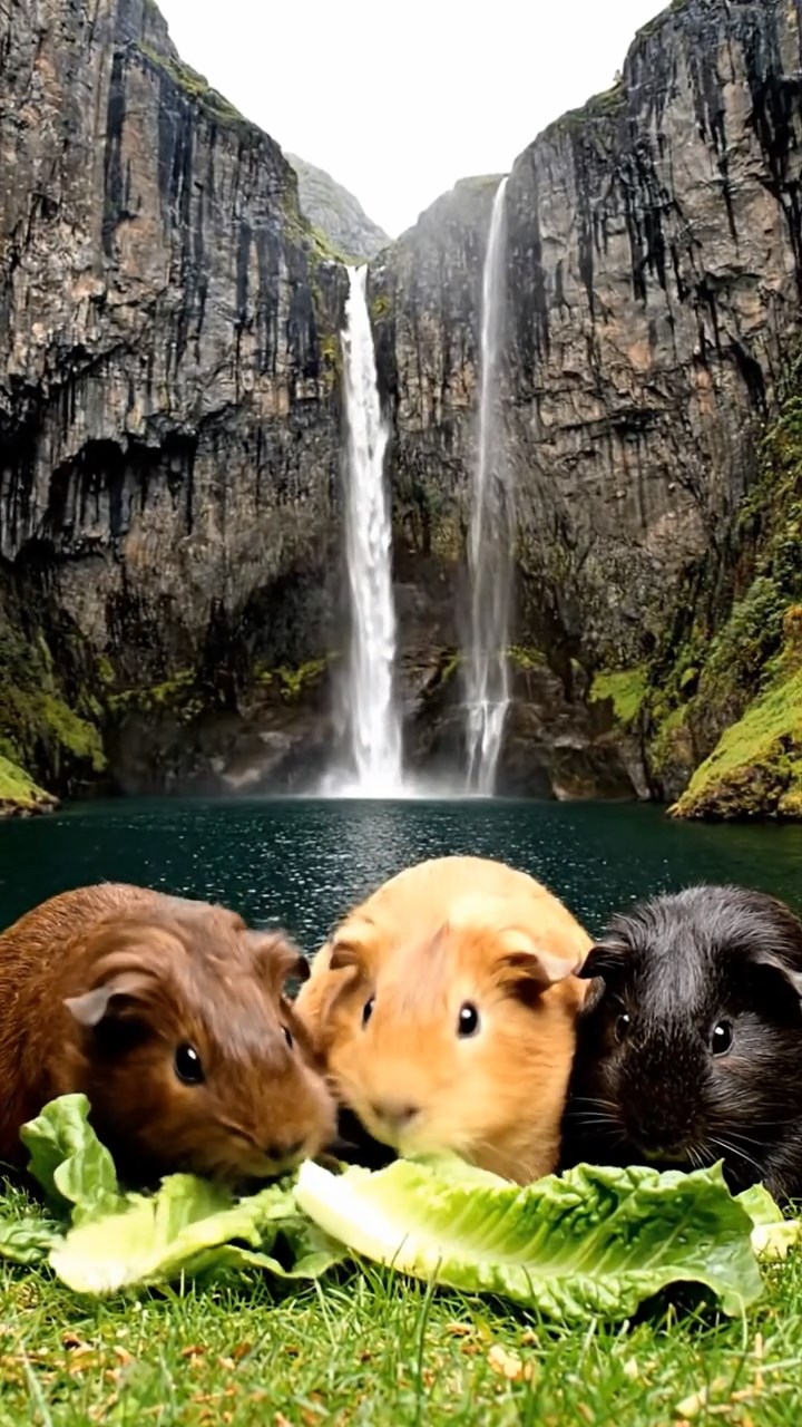 1721. Photorealistic scene of 3 smooth-haired American guinea pigs with chocolate, cinnamon, and sable fur, chewing on romaine lettuce, in a narrow fjord gorge with sheer cliffs and waterfalls.