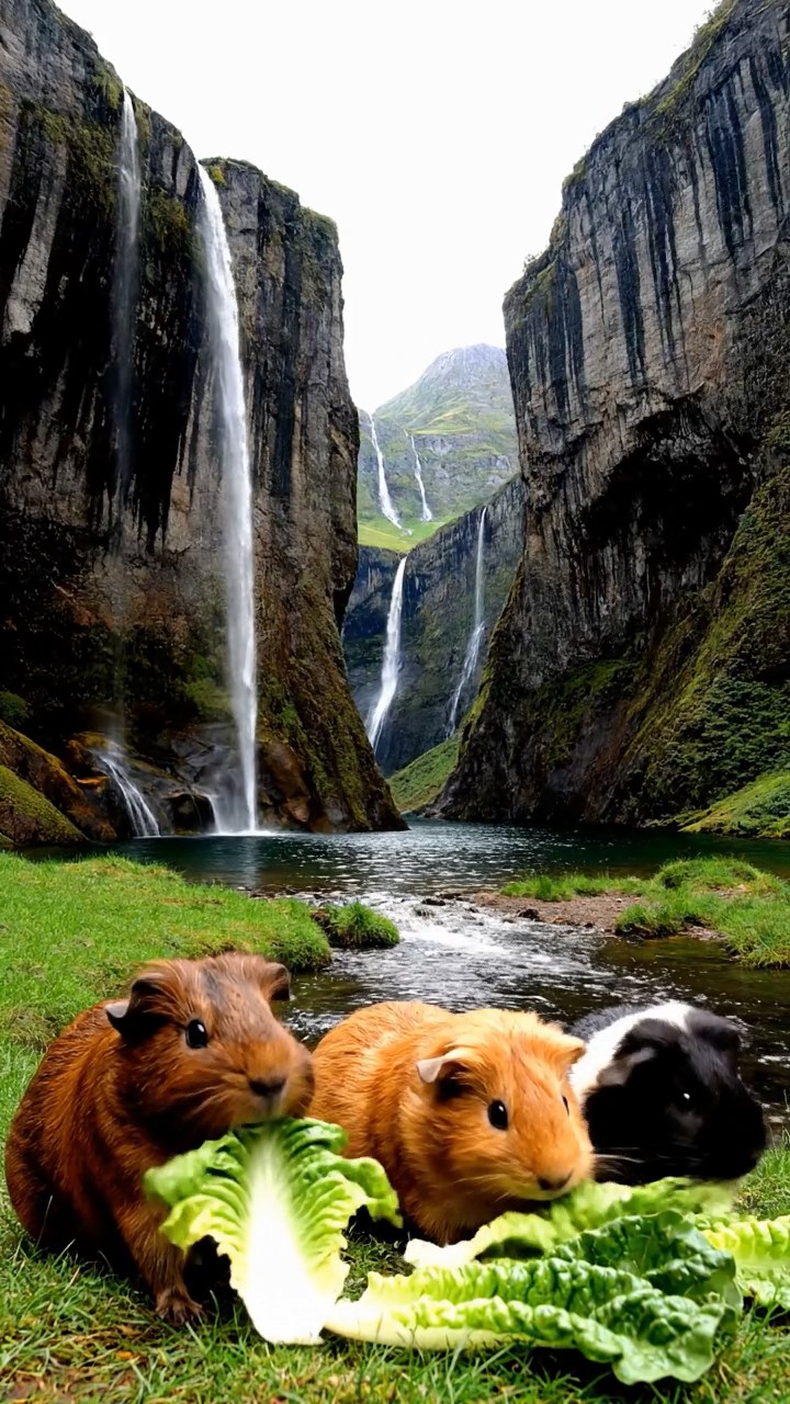 1721. Photorealistic scene of 3 smooth-haired American guinea pigs with chocolate, cinnamon, and sable fur, chewing on romaine lettuce, in a narrow fjord gorge with sheer cliffs and waterfalls.