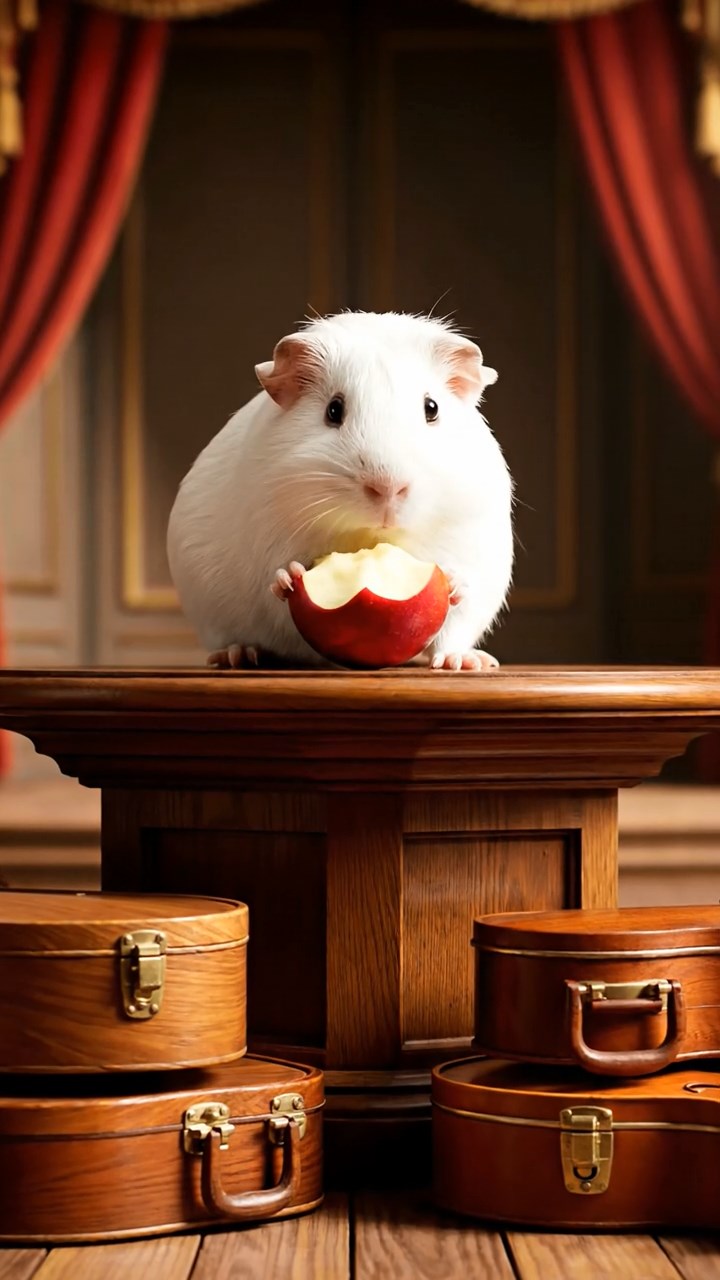1722. Realistic depiction of 1 smooth-haired Abyssinian guinea pig with white fur, munching on apple cores, on a symphony stage podium with instrument cases.