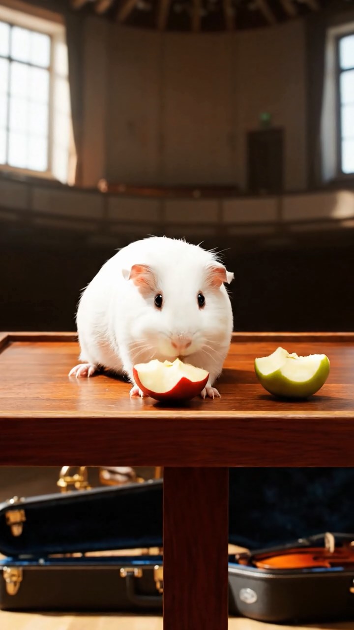 1722. Realistic depiction of 1 smooth-haired Abyssinian guinea pig with white fur, munching on apple cores, on a symphony stage podium with instrument cases.