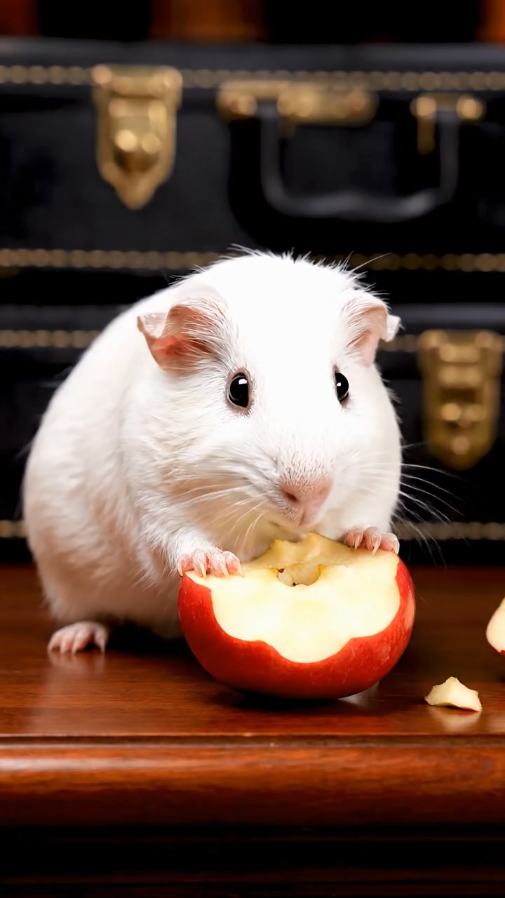 1722. Realistic depiction of 1 smooth-haired Abyssinian guinea pig with white fur, munching on apple cores, on a symphony stage podium with instrument cases.