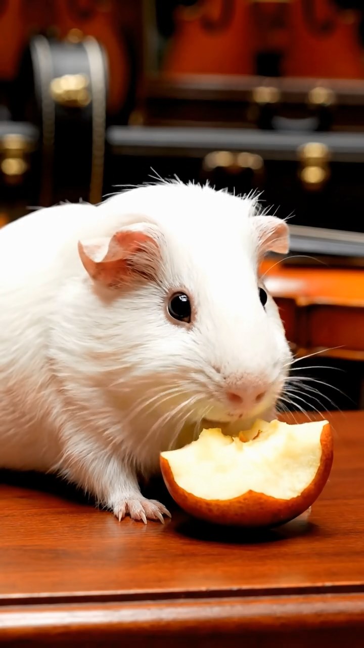 1722. Realistic depiction of 1 smooth-haired Abyssinian guinea pig with white fur, munching on apple cores, on a symphony stage podium with instrument cases.