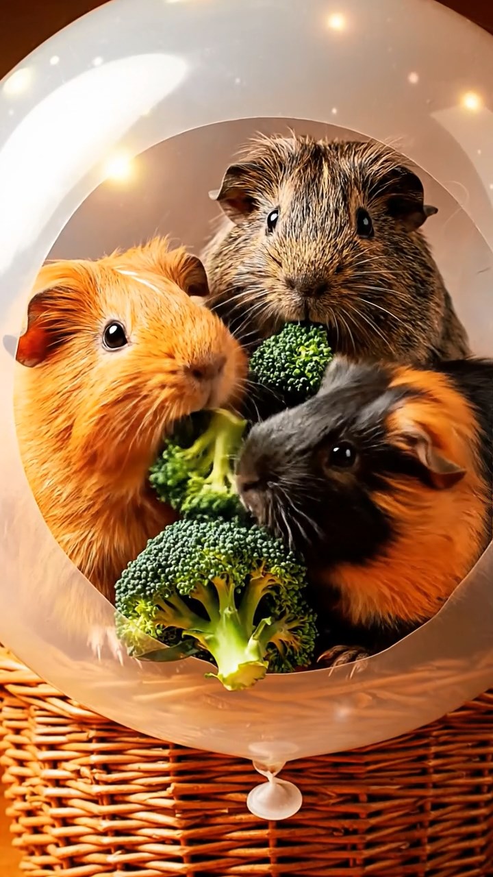1723. Detailed photo of 4 smooth-haired Peruvian guinea pigs featuring orange, gray, and black coats, sharing broccoli florets, inside a helium balloon envelope with basket views below.