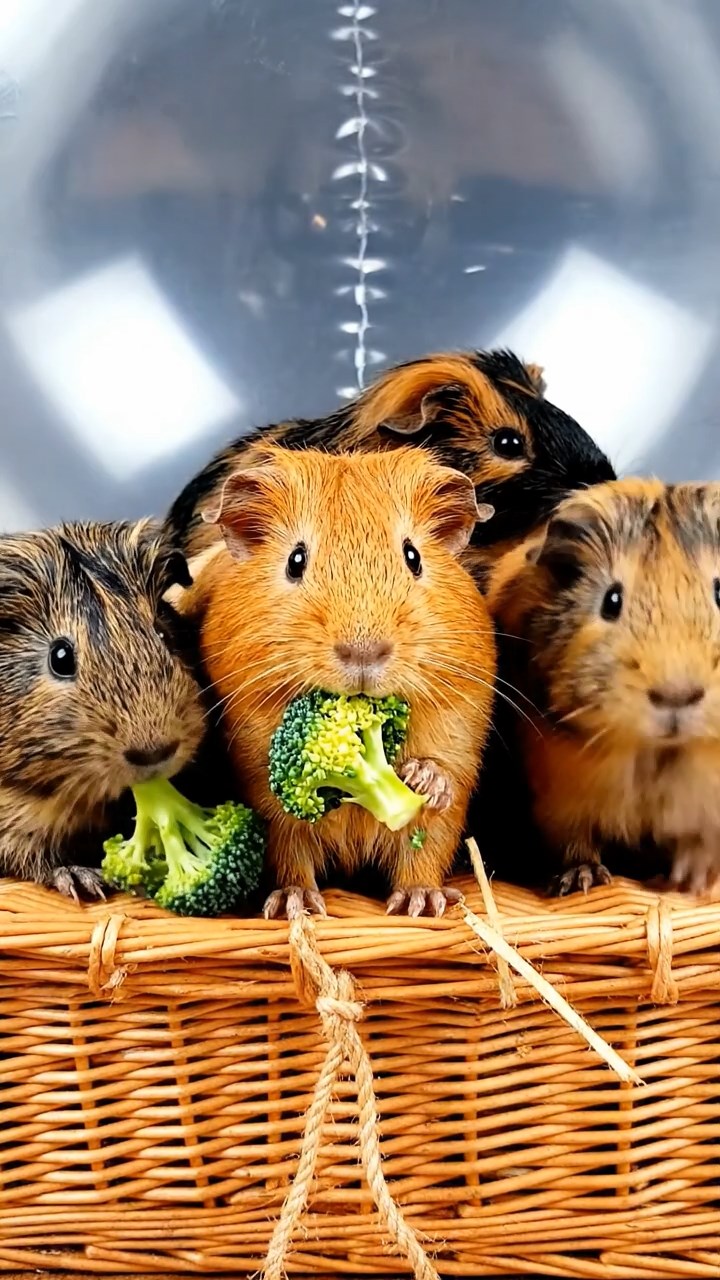 1723. Detailed photo of 4 smooth-haired Peruvian guinea pigs featuring orange, gray, and black coats, sharing broccoli florets, inside a helium balloon envelope with basket views below.