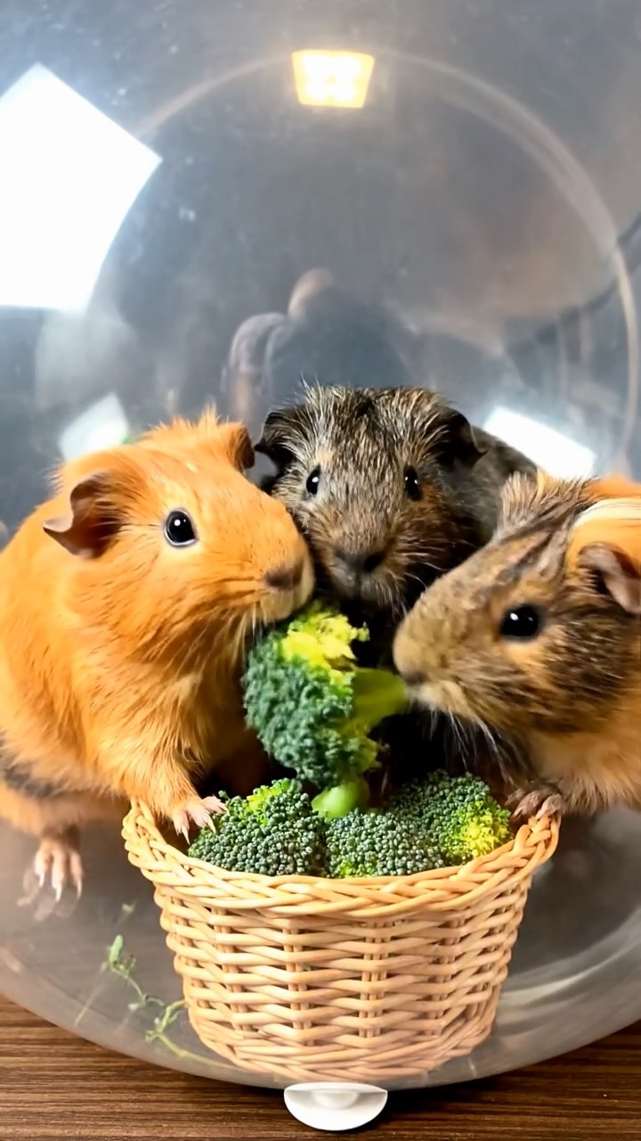 1723. Detailed photo of 4 smooth-haired Peruvian guinea pigs featuring orange, gray, and black coats, sharing broccoli florets, inside a helium balloon envelope with basket views below.