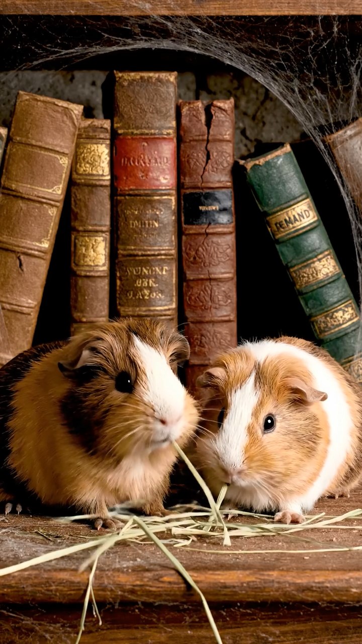 1724. Photorealistic image of 2 smooth-haired Silkie guinea pigs with brown and cream fur, eating dried orchard grass, in a cobwebbed rare book vault with leather volumes.