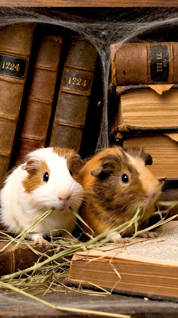 1724. Photorealistic image of 2 smooth-haired Silkie guinea pigs with brown and cream fur, eating dried orchard grass, in a cobwebbed rare book vault with leather volumes.