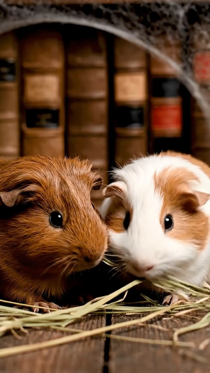 1724. Photorealistic image of 2 smooth-haired Silkie guinea pigs with brown and cream fur, eating dried orchard grass, in a cobwebbed rare book vault with leather volumes.