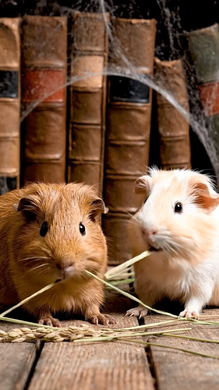 1724. Photorealistic image of 2 smooth-haired Silkie guinea pigs with brown and cream fur, eating dried orchard grass, in a cobwebbed rare book vault with leather volumes.
