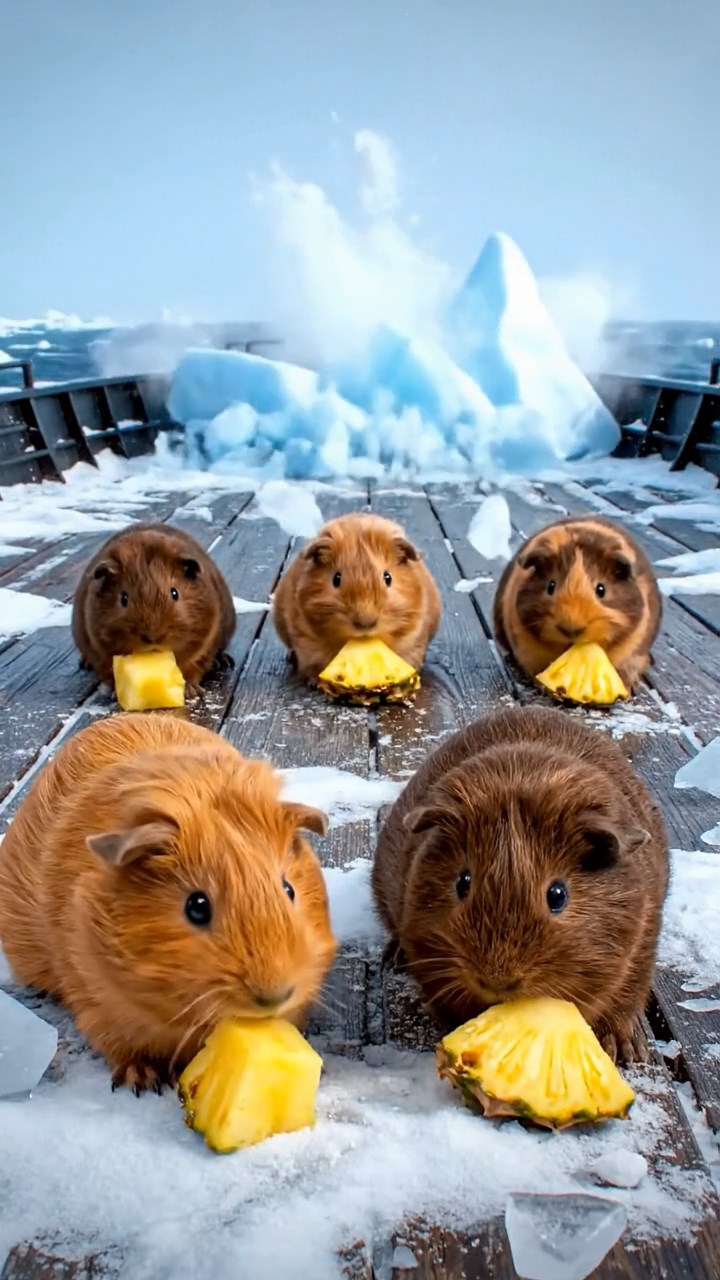 1725. Realistic scene of 5 smooth-haired Teddy guinea pigs in fawn, chocolate, and cinnamon colors, nibbling on pineapple chunks, on a polar icebreaker deck with breaking ice.