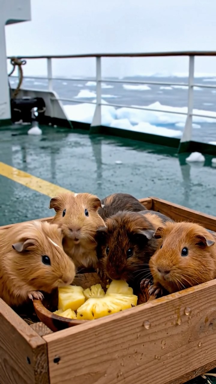 1725. Realistic scene of 5 smooth-haired Teddy guinea pigs in fawn, chocolate, and cinnamon colors, nibbling on pineapple chunks, on a polar icebreaker deck with breaking ice.
