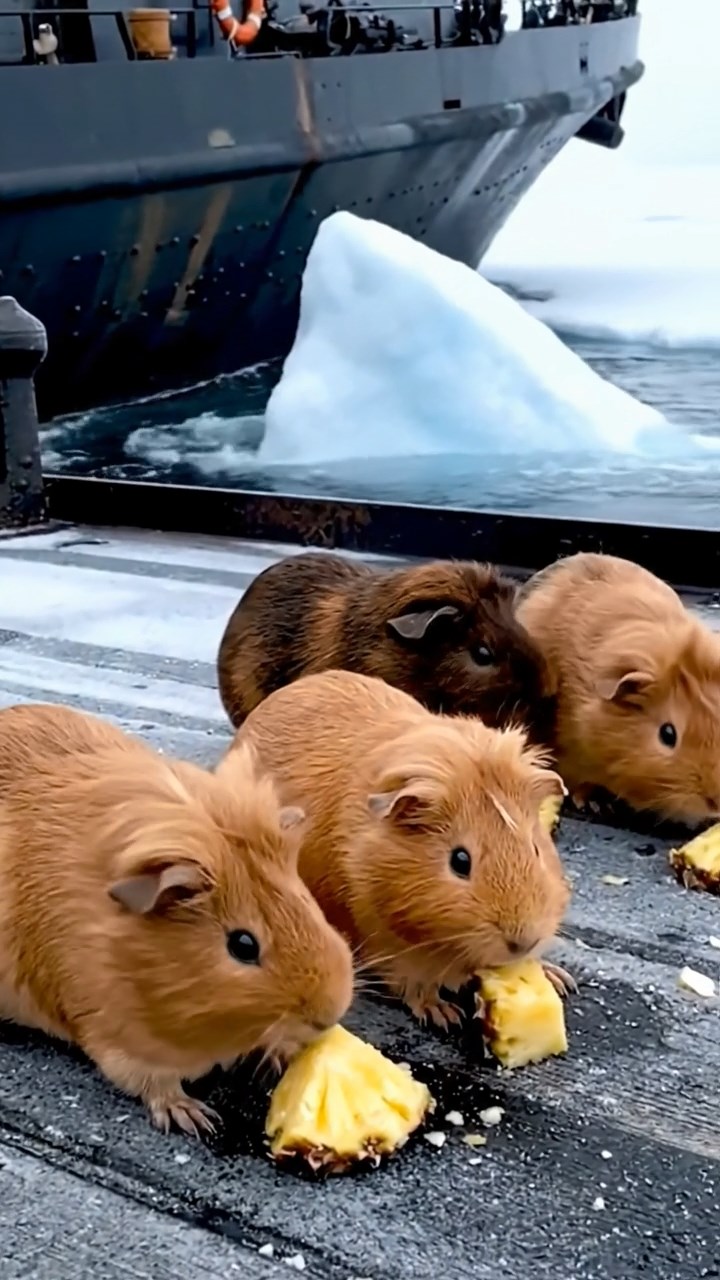 1725. Realistic scene of 5 smooth-haired Teddy guinea pigs in fawn, chocolate, and cinnamon colors, nibbling on pineapple chunks, on a polar icebreaker deck with breaking ice.