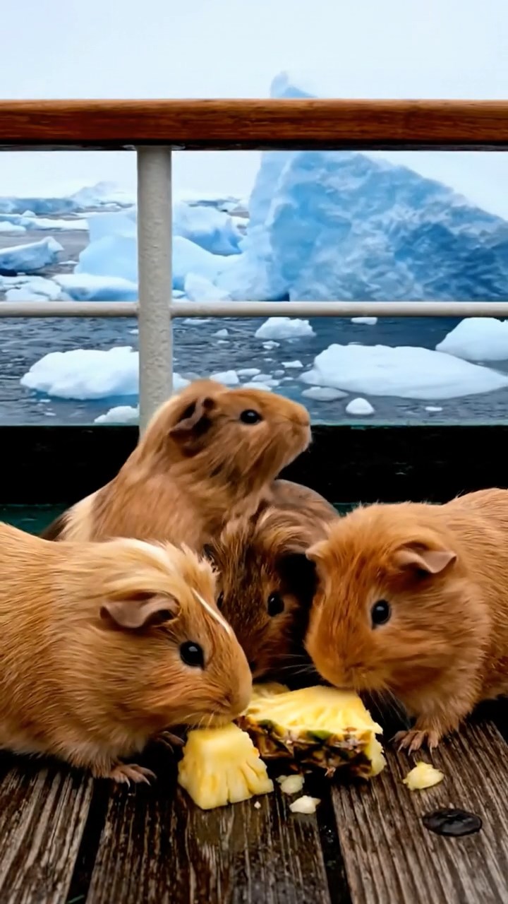 1725. Realistic scene of 5 smooth-haired Teddy guinea pigs in fawn, chocolate, and cinnamon colors, nibbling on pineapple chunks, on a polar icebreaker deck with breaking ice.
