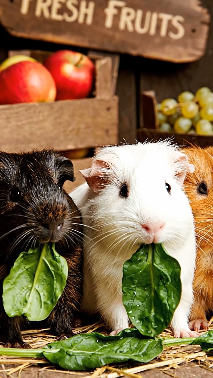 1726. Highly detailed view of 3 smooth-haired Texel guinea pigs with sable, white, and orange fur, chewing on spinach, at a roadside fruit stand with crates and signs.