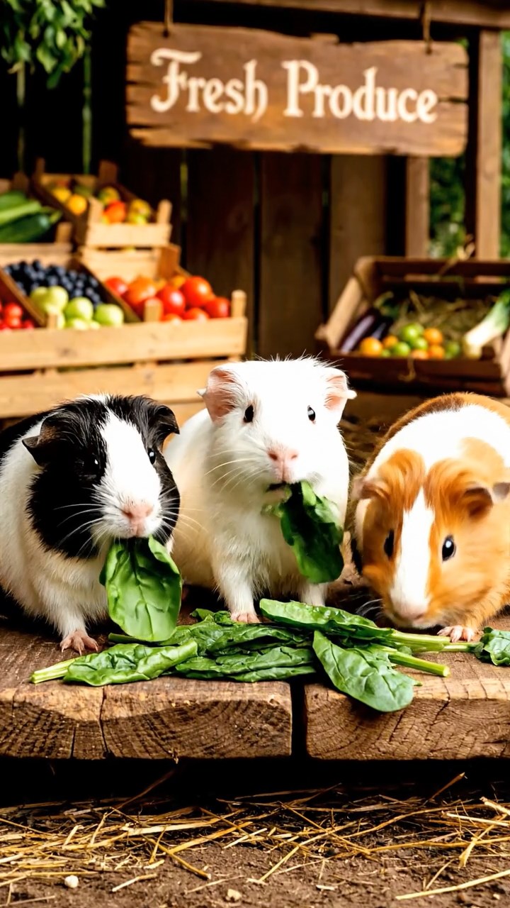 1726. Highly detailed view of 3 smooth-haired Texel guinea pigs with sable, white, and orange fur, chewing on spinach, at a roadside fruit stand with crates and signs.