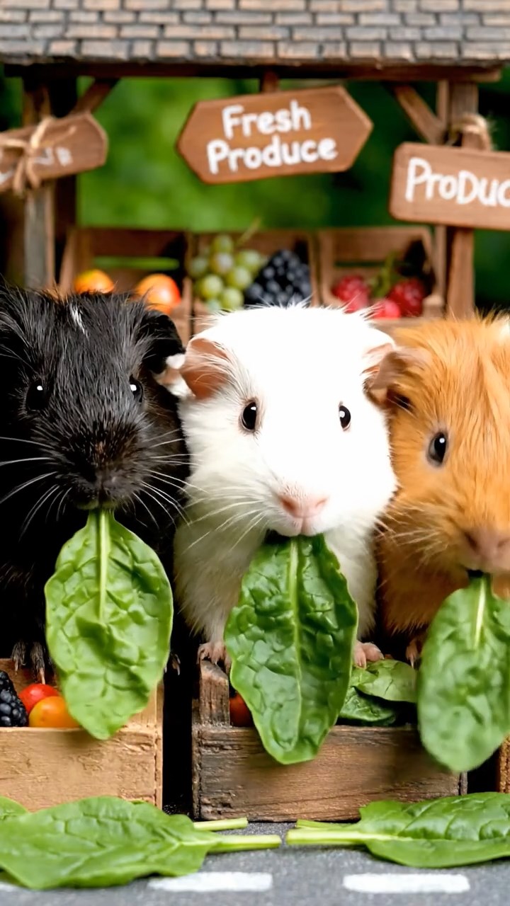 1726. Highly detailed view of 3 smooth-haired Texel guinea pigs with sable, white, and orange fur, chewing on spinach, at a roadside fruit stand with crates and signs.